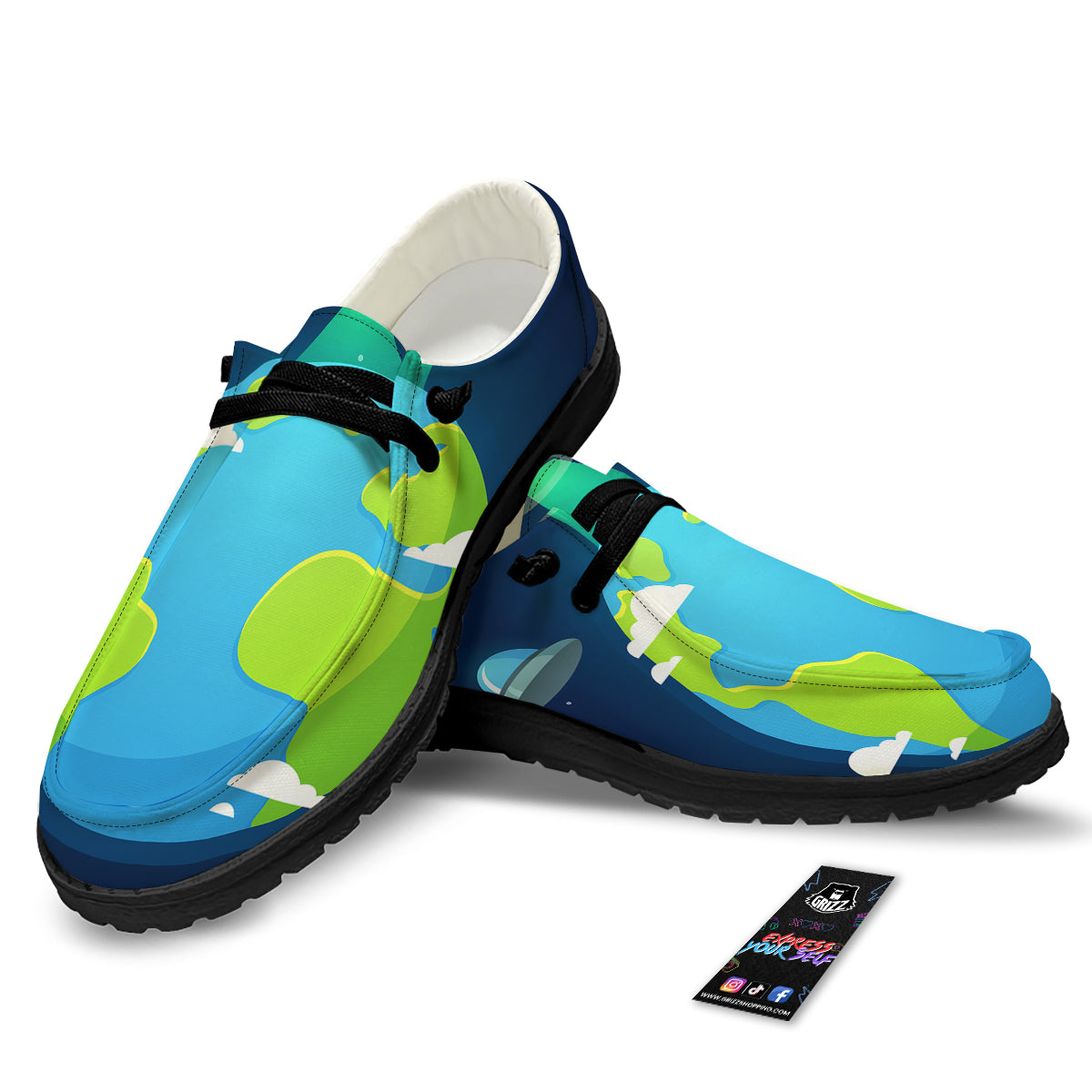 Alien Invasion And Earth Print Black Loafers-grizzshop