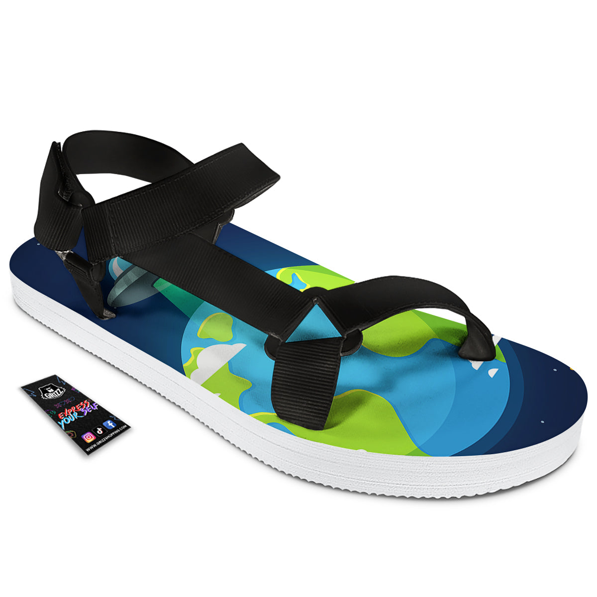 Alien Invasion And Earth Print Black Open Toe Sandals-grizzshop