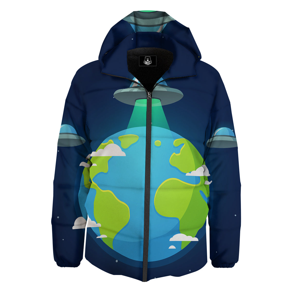 Alien Invasion And Earth Print Down Jacket-grizzshop