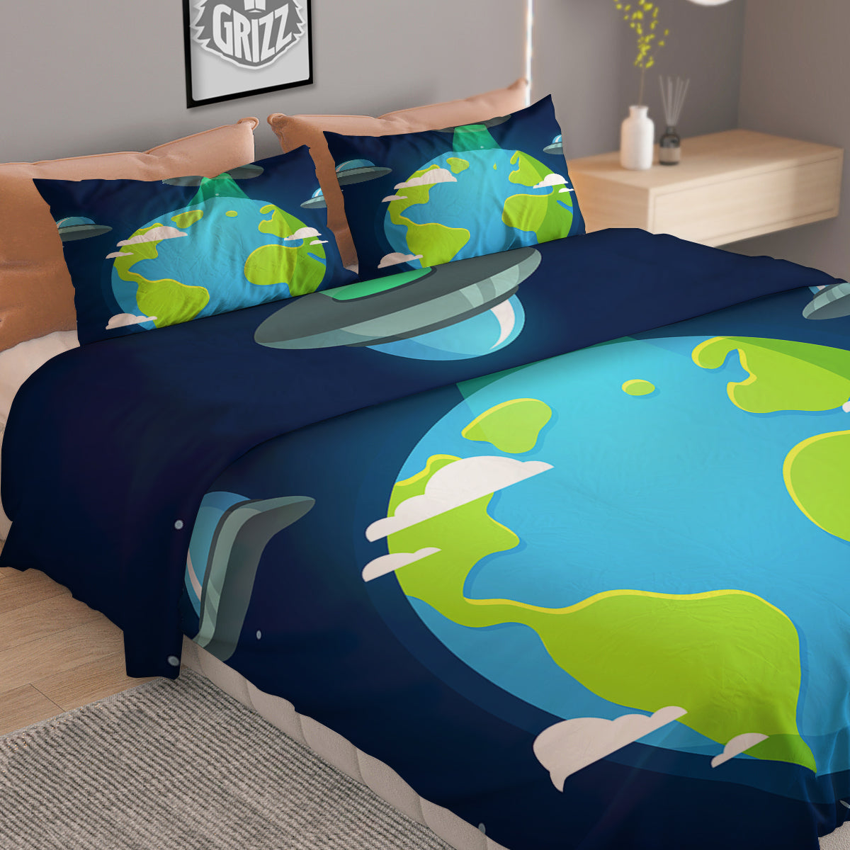 Alien Invasion And Earth Print Duvet Cover Bedding Set