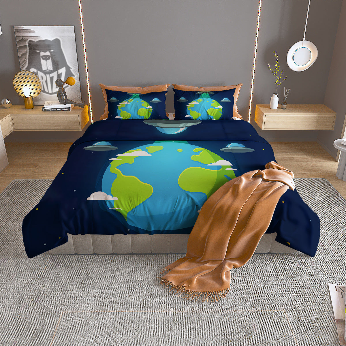 Alien Invasion And Earth Print Duvet Cover Bedding Set
