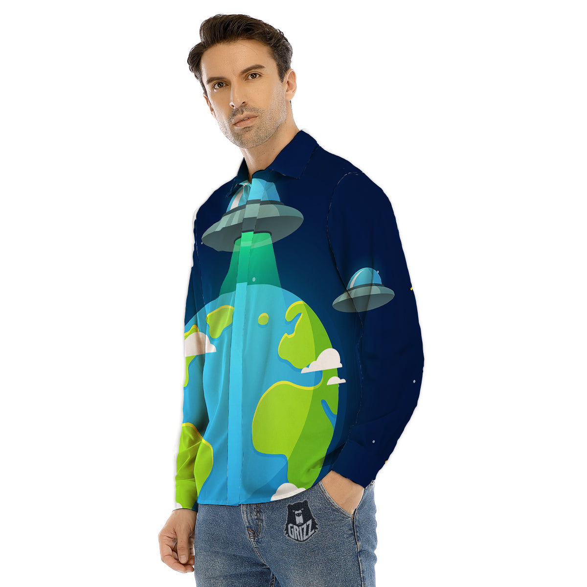 Alien Invasion And Earth Print Men's Dress Shirts-grizzshop