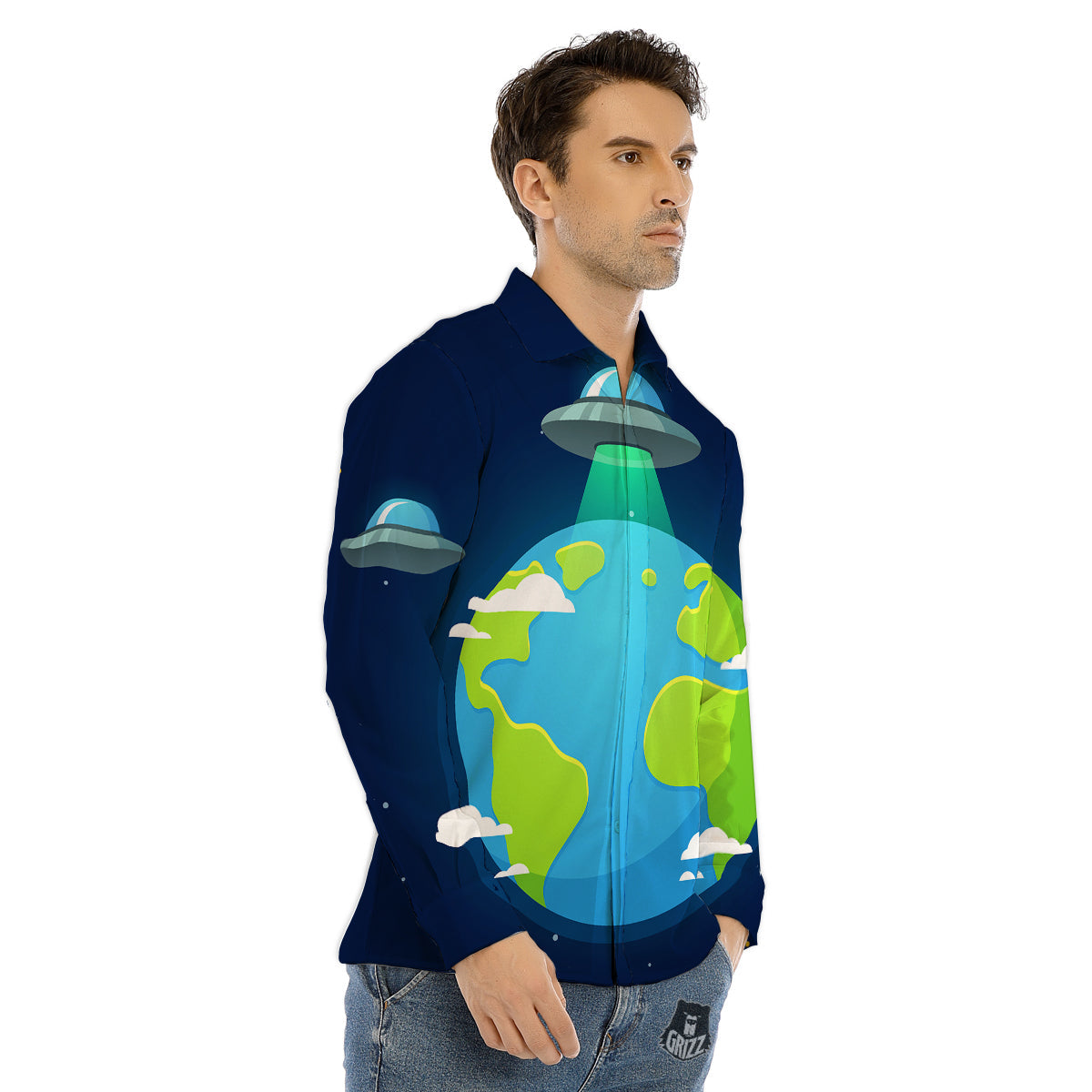 Alien Invasion And Earth Print Men's Dress Shirts-grizzshop
