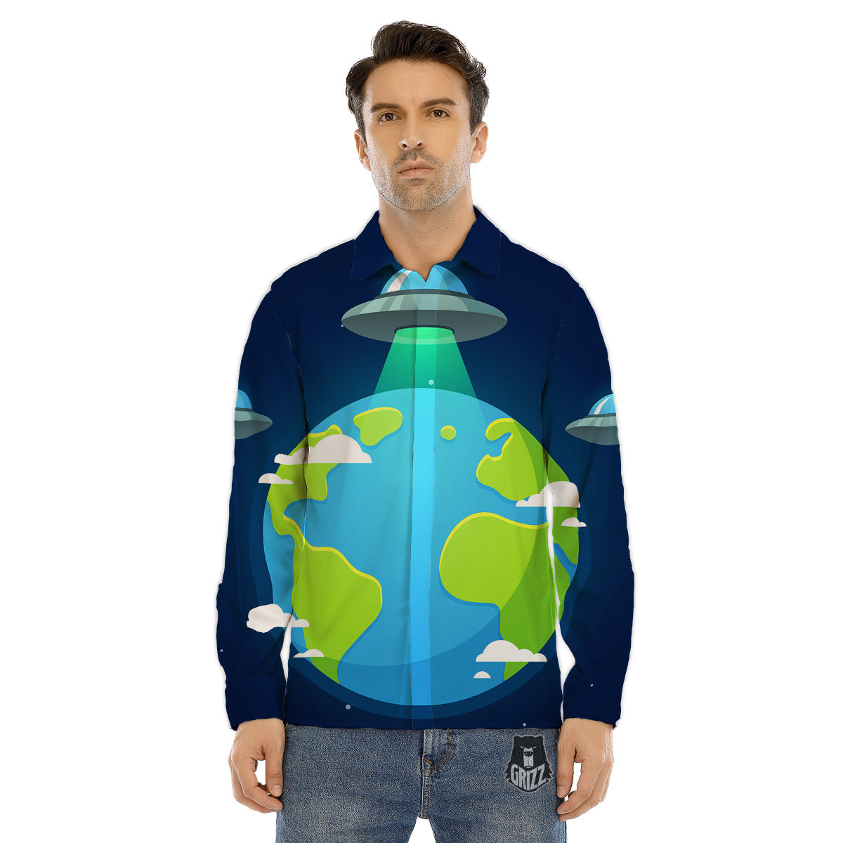 Alien Invasion And Earth Print Men's Dress Shirts-grizzshop