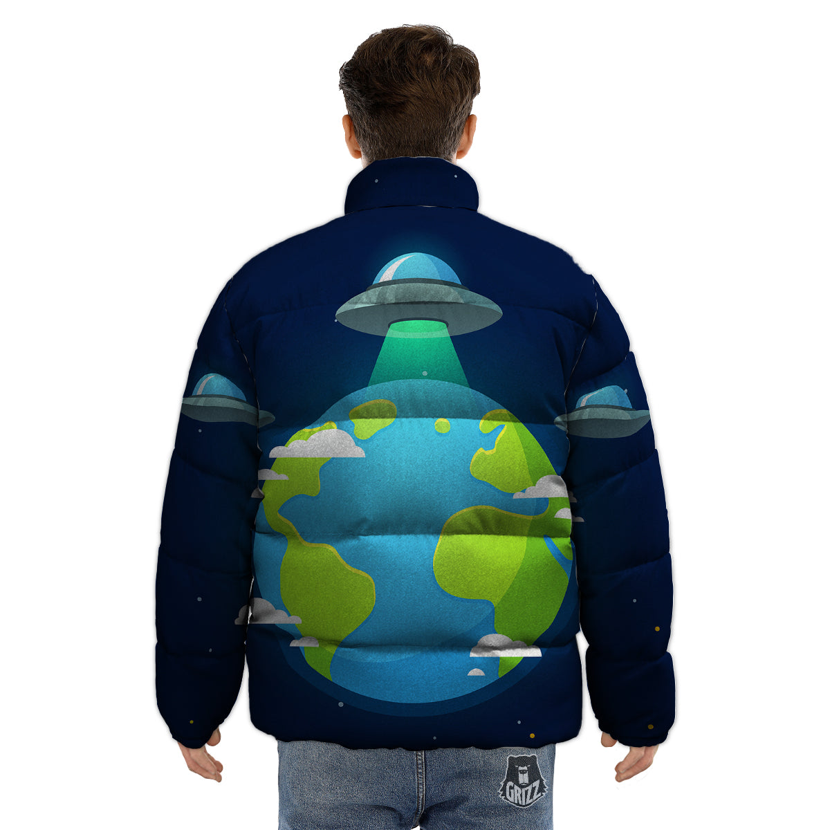 Alien Invasion And Earth Print Puffer Jacket-grizzshop