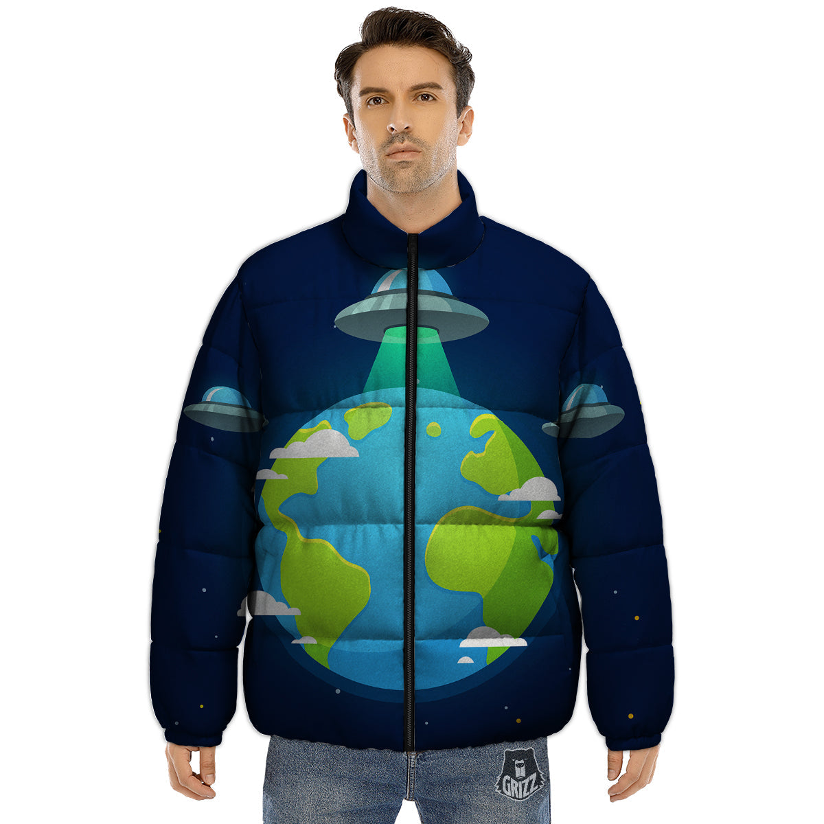 Alien Invasion And Earth Print Puffer Jacket-grizzshop