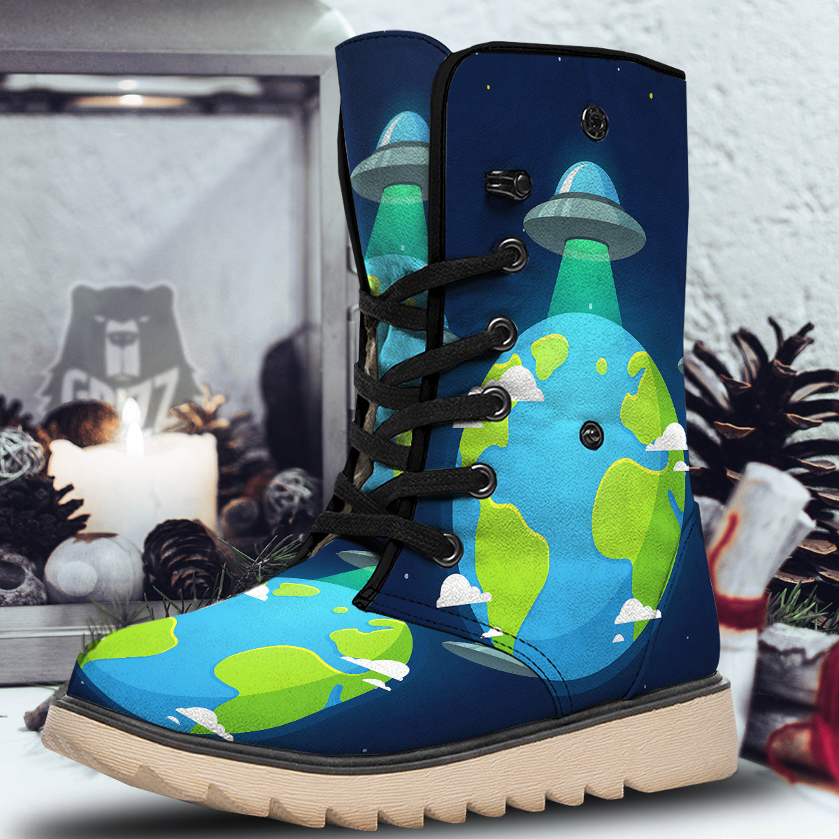 Alien Invasion And Earth Print Snow Boots-grizzshop