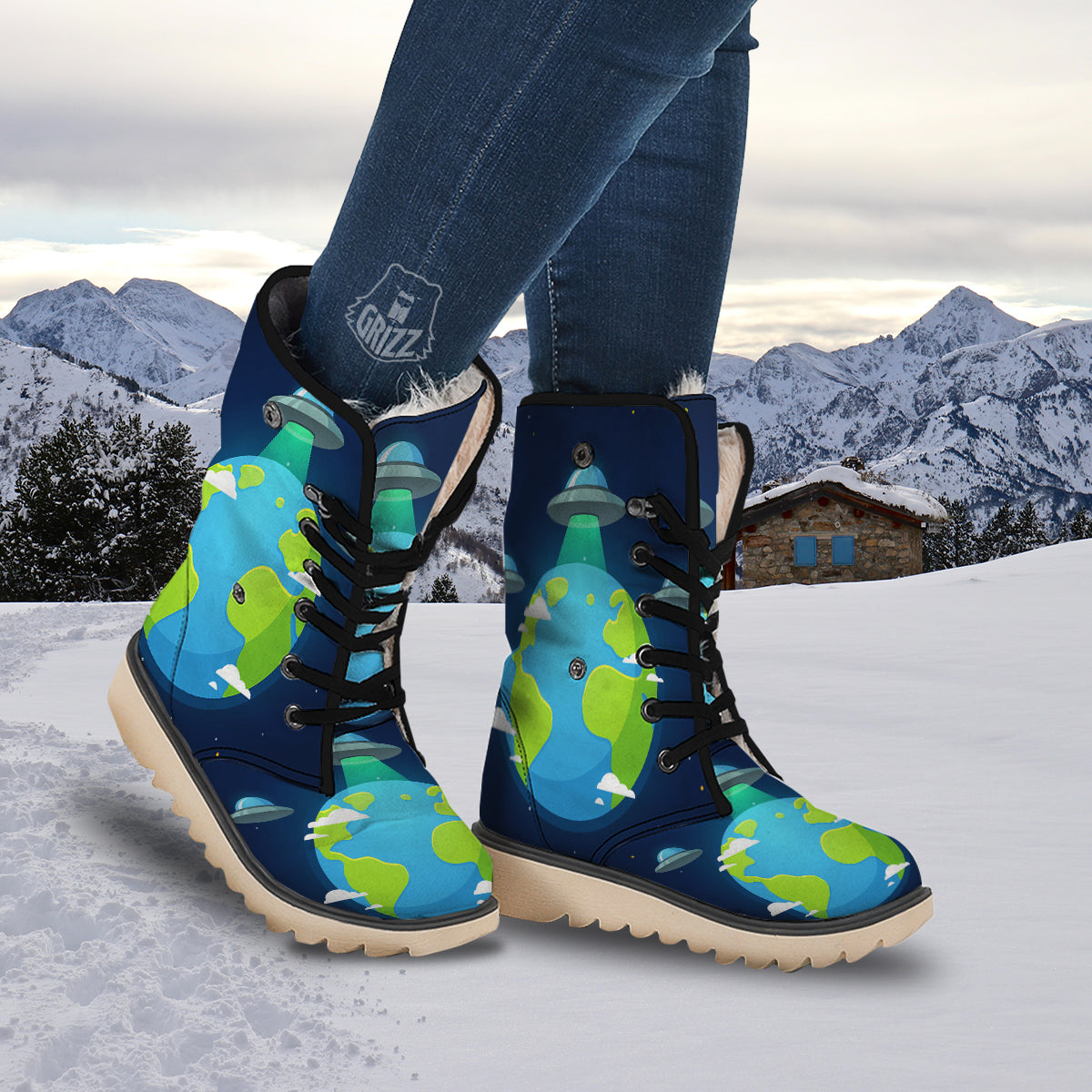 Alien Invasion And Earth Print Snow Boots-grizzshop
