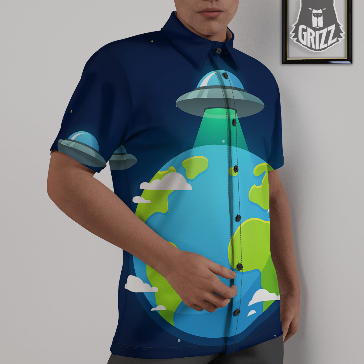 Alien Invasion And Earth Print Untucked Shirts-grizzshop