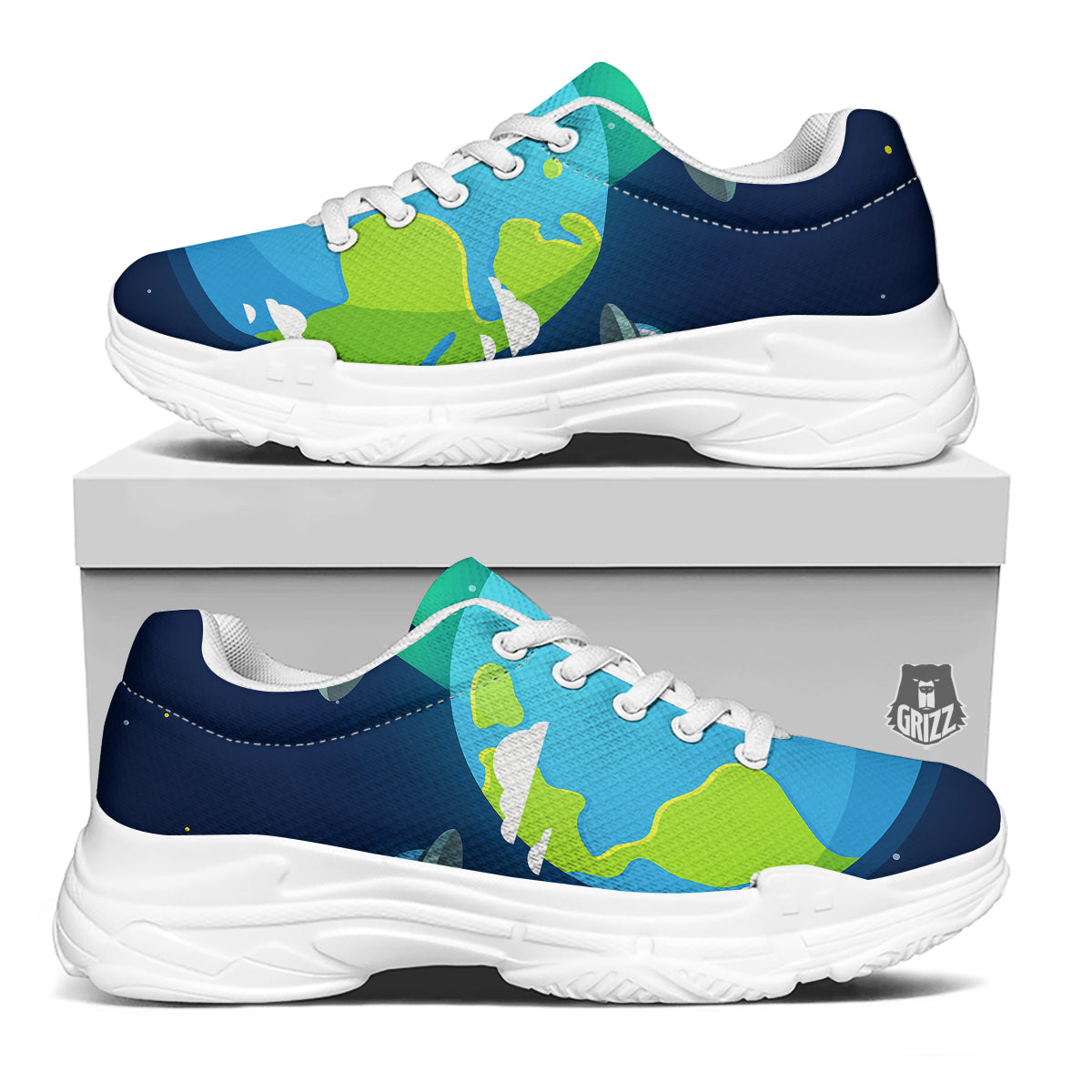 Alien Invasion And Earth Print White Chunky Shoes-grizzshop