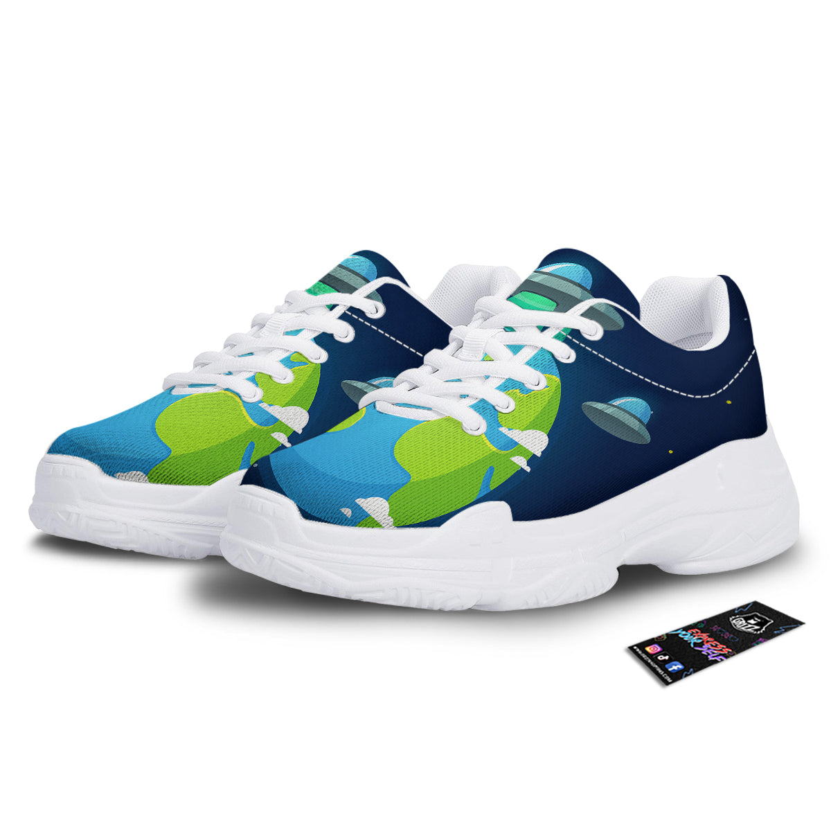 Alien Invasion And Earth Print White Chunky Shoes-grizzshop