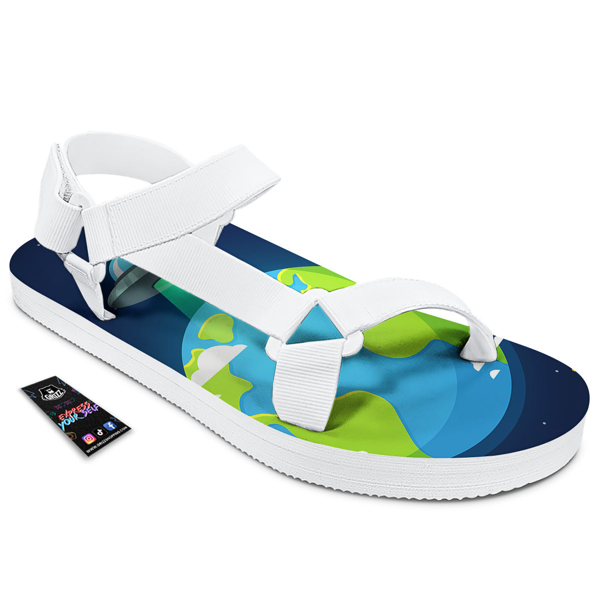 Alien Invasion And Earth Print White Open Toe Sandals-grizzshop