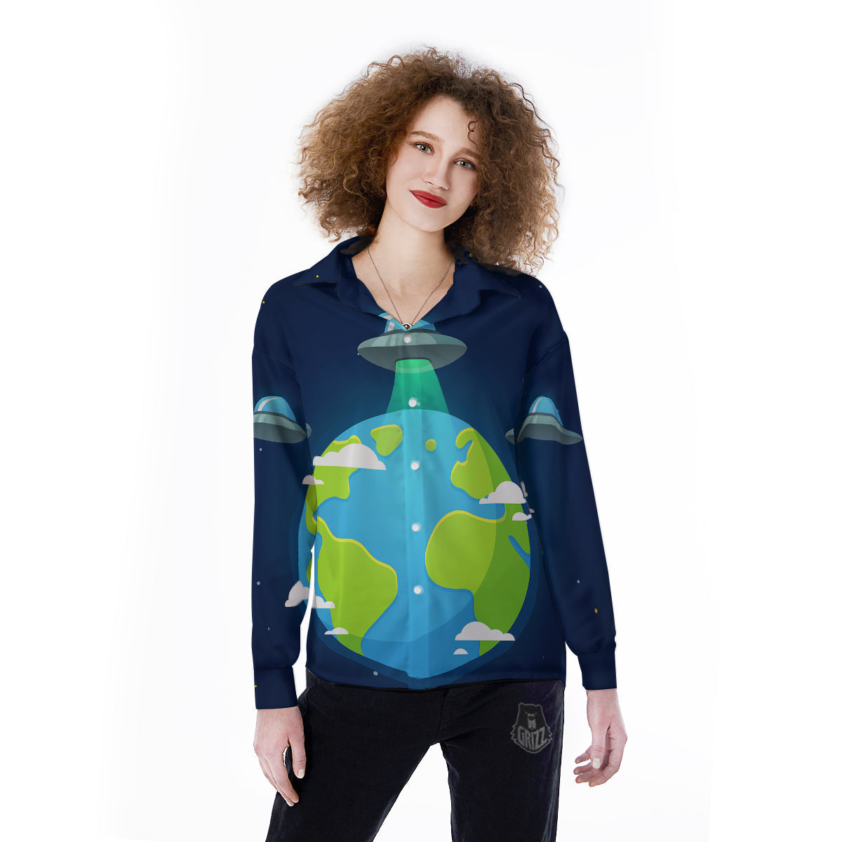 Alien Invasion And Earth Print Women's Long Sleeve Shirts-grizzshop