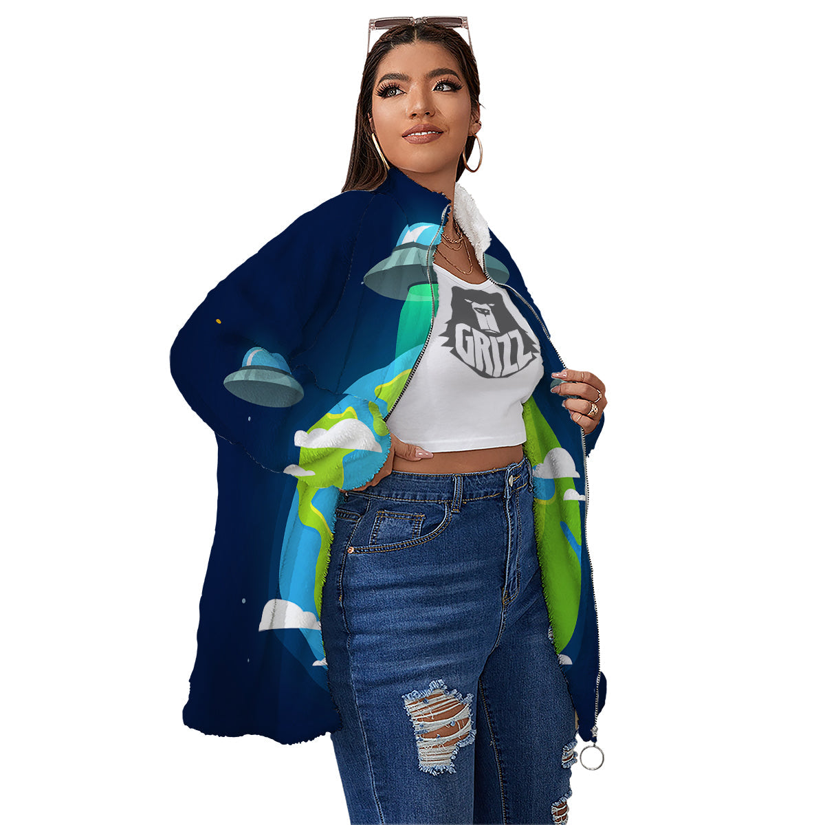 Alien Invasion And Earth Print Women's Sherpa Jacket-grizzshop