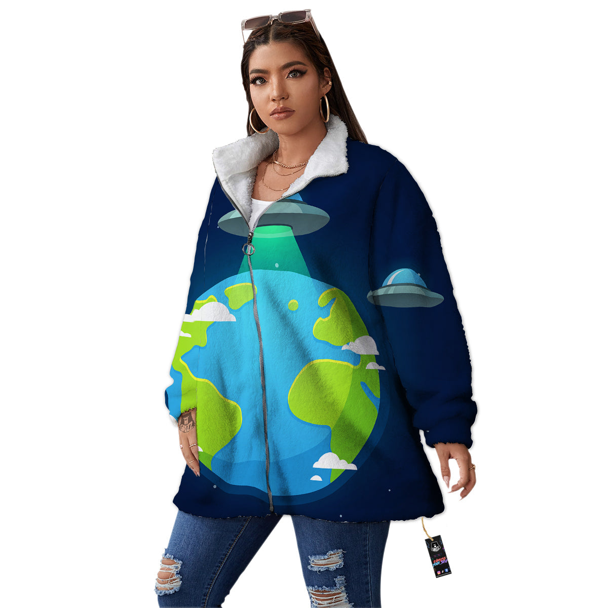 Alien Invasion And Earth Print Women's Sherpa Jacket-grizzshop