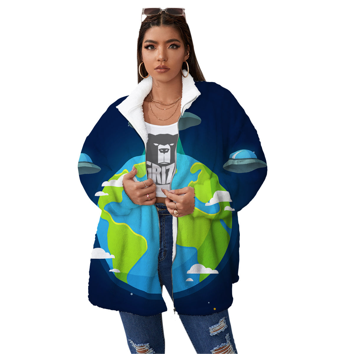 Alien Invasion And Earth Print Women's Sherpa Jacket-grizzshop