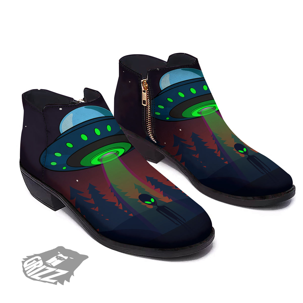 Alien Invasion On Earth Print Ankle Boots-grizzshop