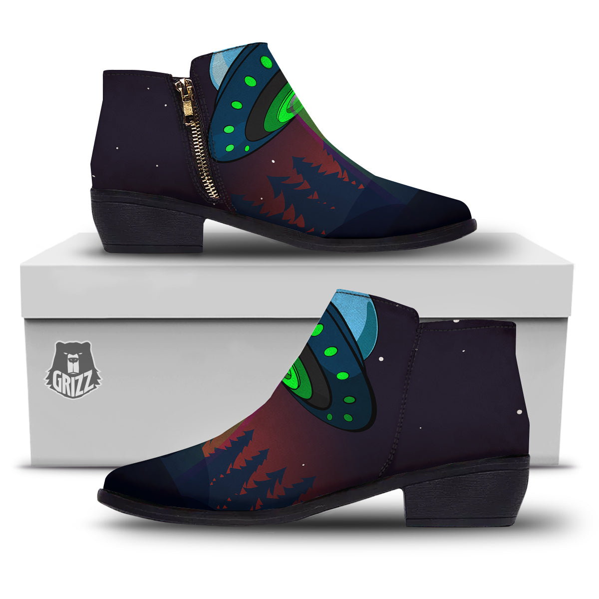 Alien Invasion On Earth Print Ankle Boots-grizzshop