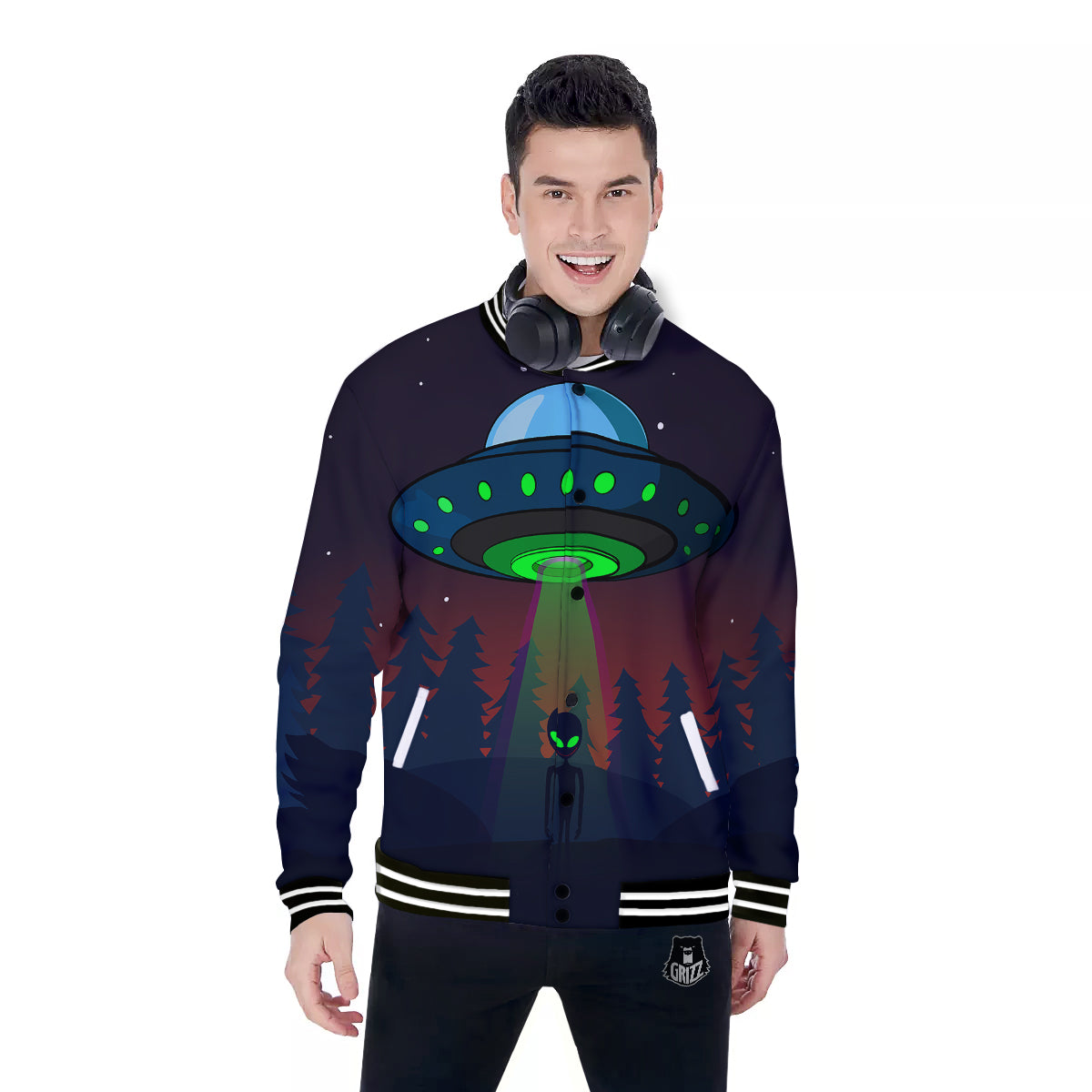 Alien Invasion On Earth Print Baseball Jacket-grizzshop