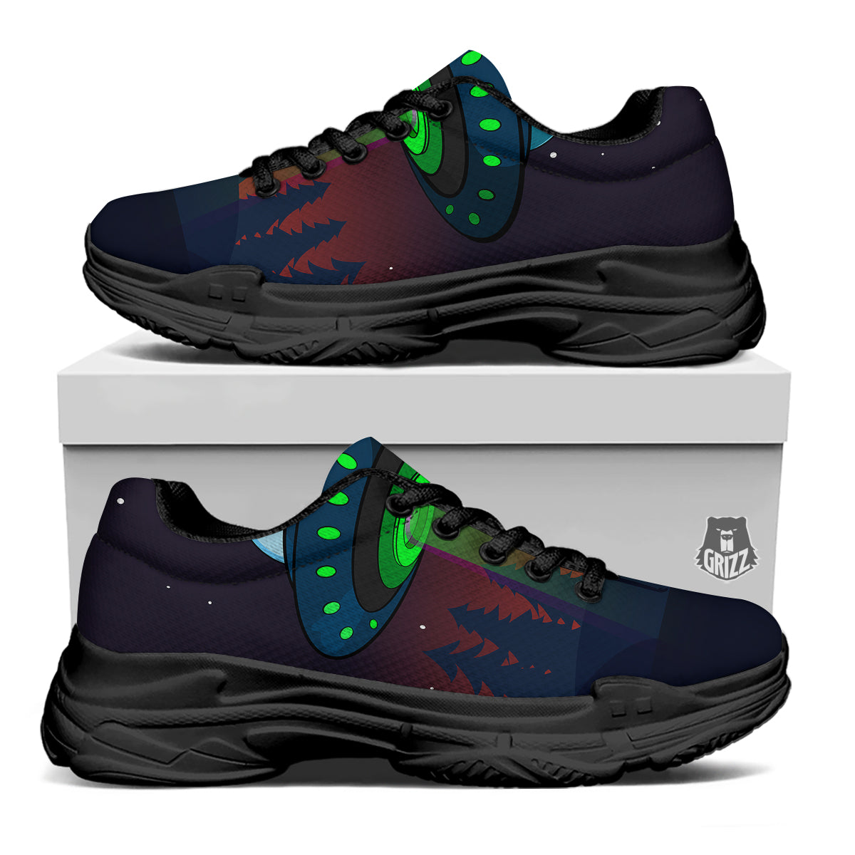 Alien Invasion On Earth Print Black Chunky Shoes-grizzshop