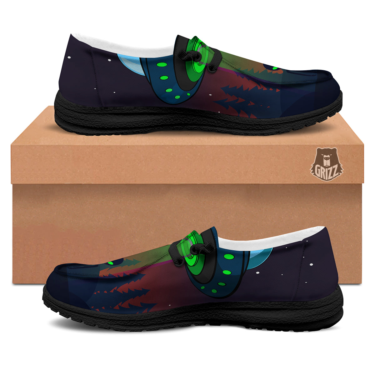 Alien Invasion On Earth Print Black Loafers-grizzshop
