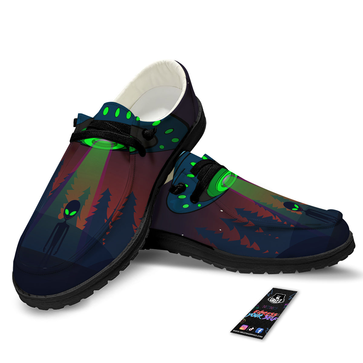 Alien Invasion On Earth Print Black Loafers-grizzshop