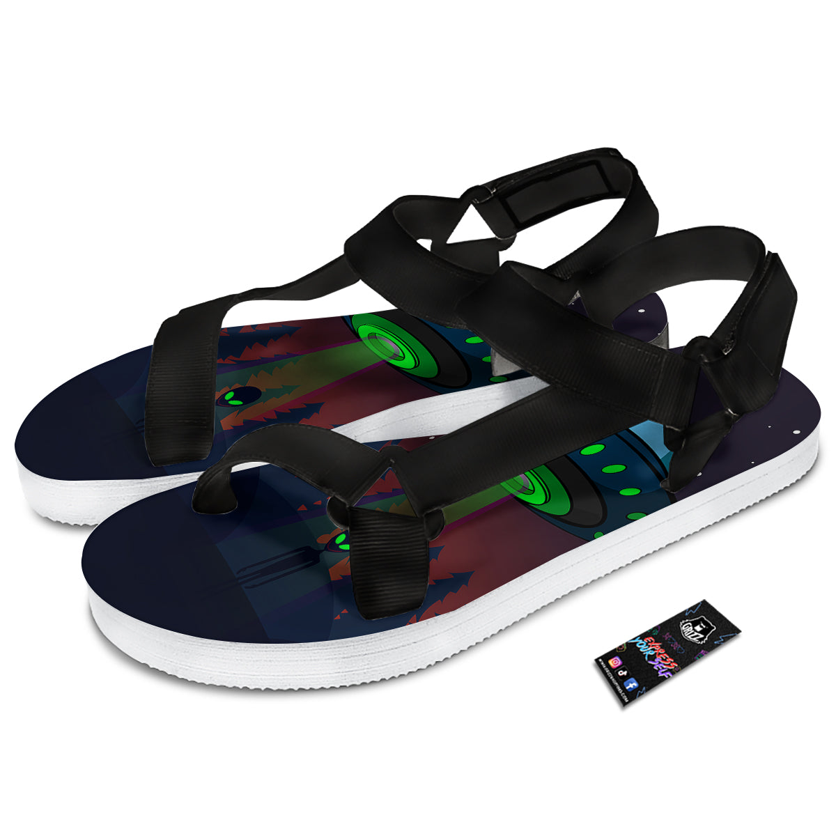 Alien Invasion On Earth Print Black Open Toe Sandals-grizzshop