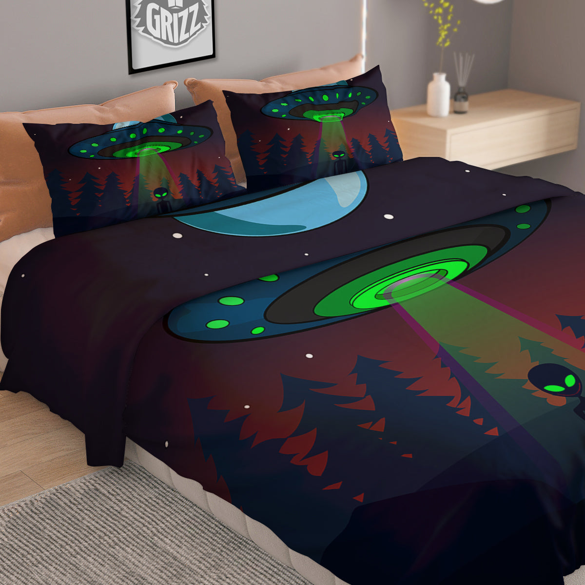 Alien Invasion On Earth Print Duvet Cover Bedding Set