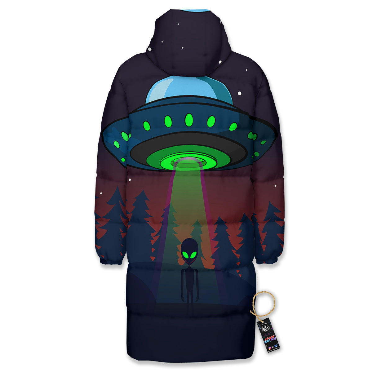 Alien Invasion On Earth Print Long Down Jacket-grizzshop