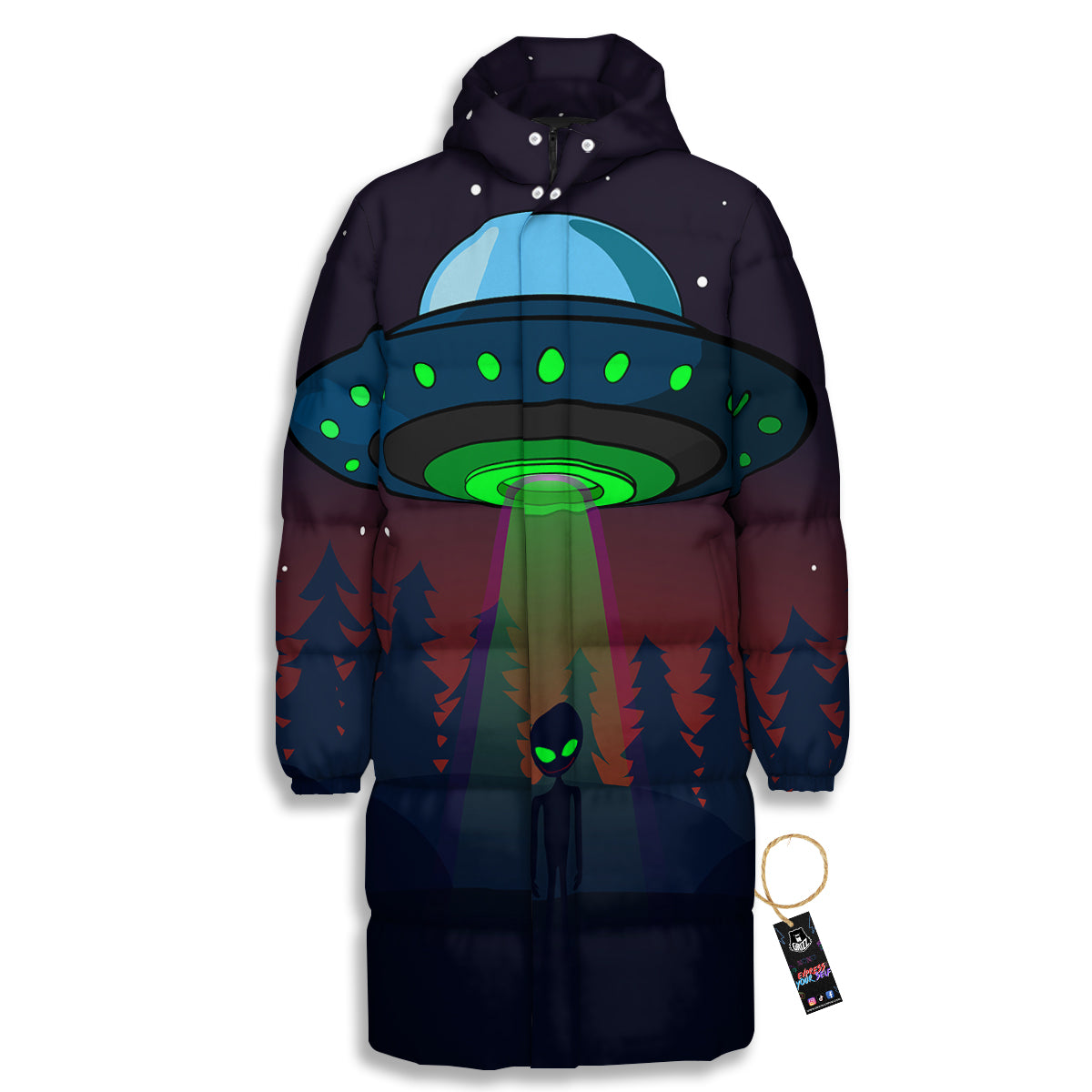 Alien Invasion On Earth Print Long Down Jacket-grizzshop