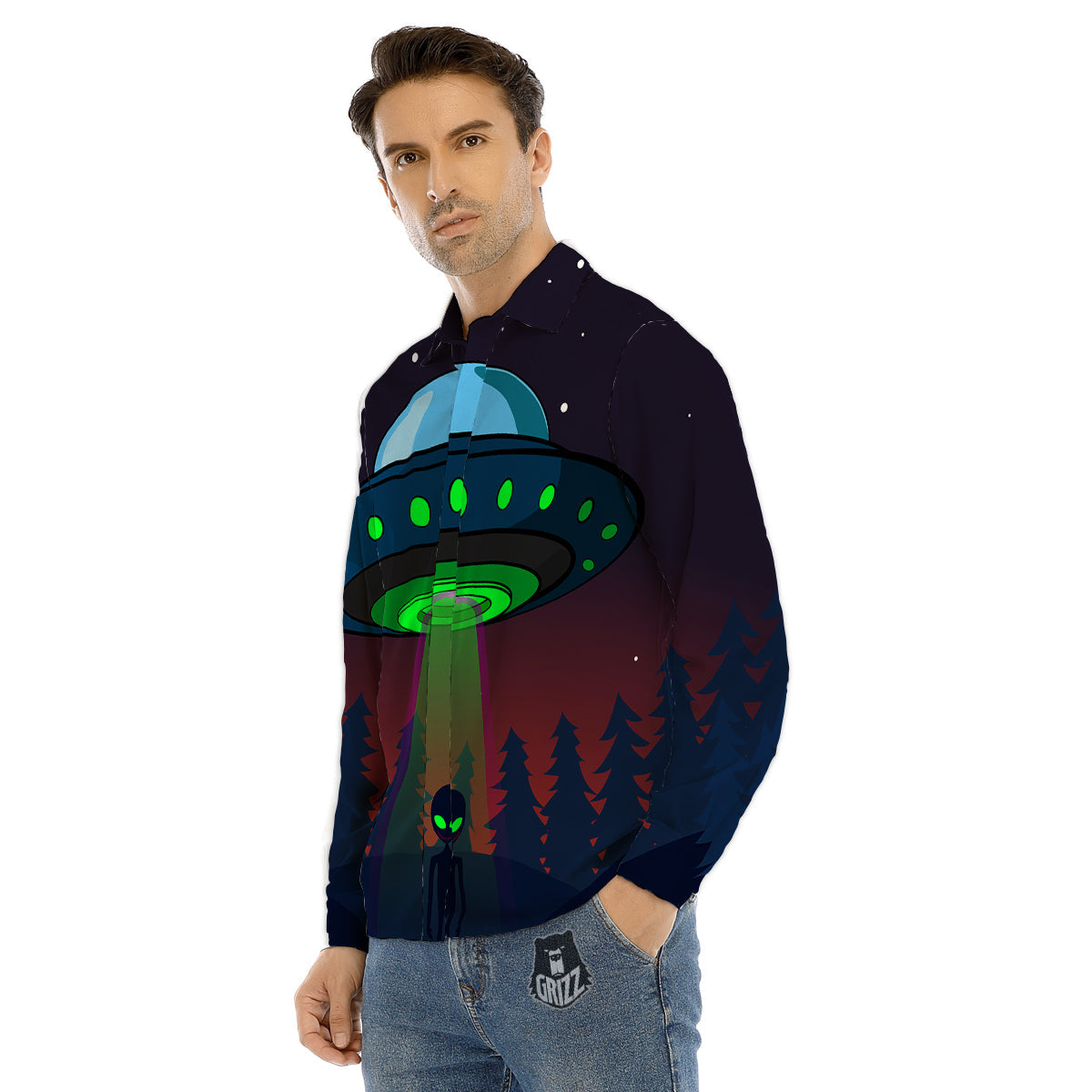 Alien Invasion On Earth Print Men's Dress Shirts-grizzshop