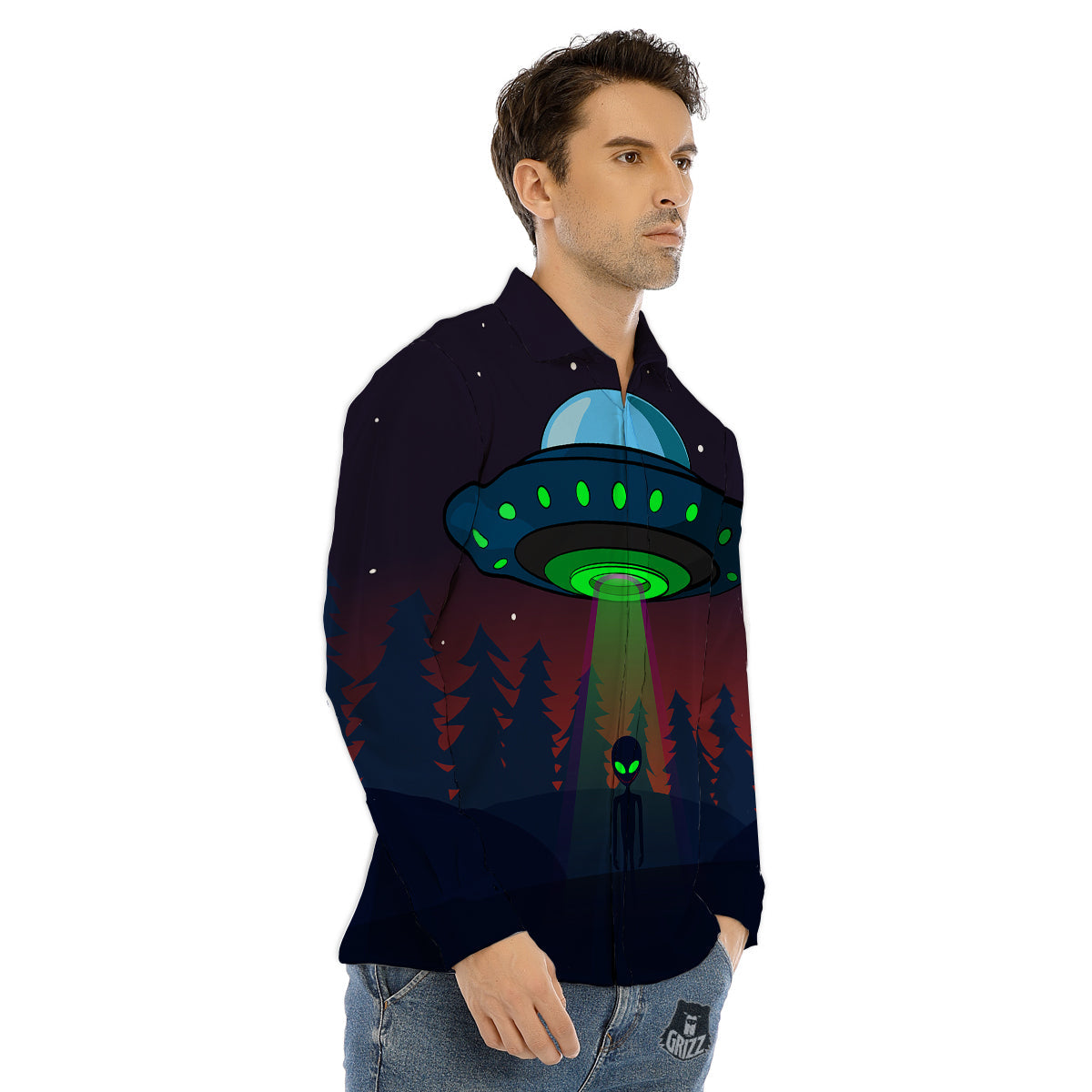 Alien Invasion On Earth Print Men's Dress Shirts-grizzshop