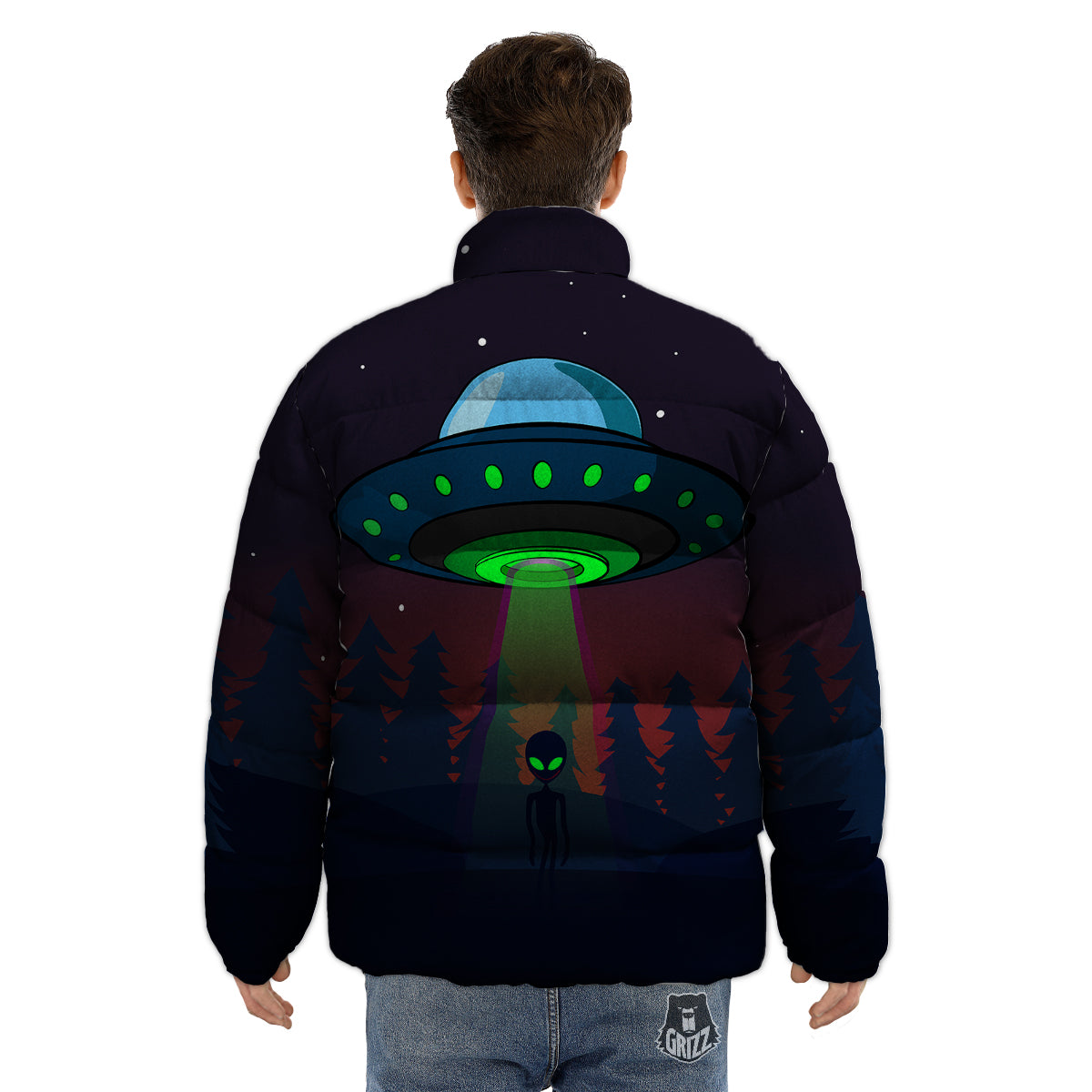 Alien Invasion On Earth Print Puffer Jacket-grizzshop