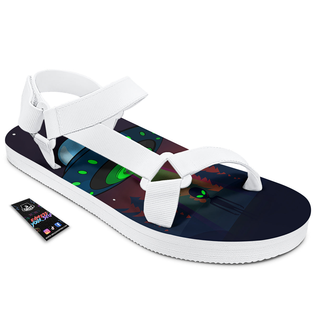 Alien Invasion On Earth Print White Open Toe Sandals-grizzshop