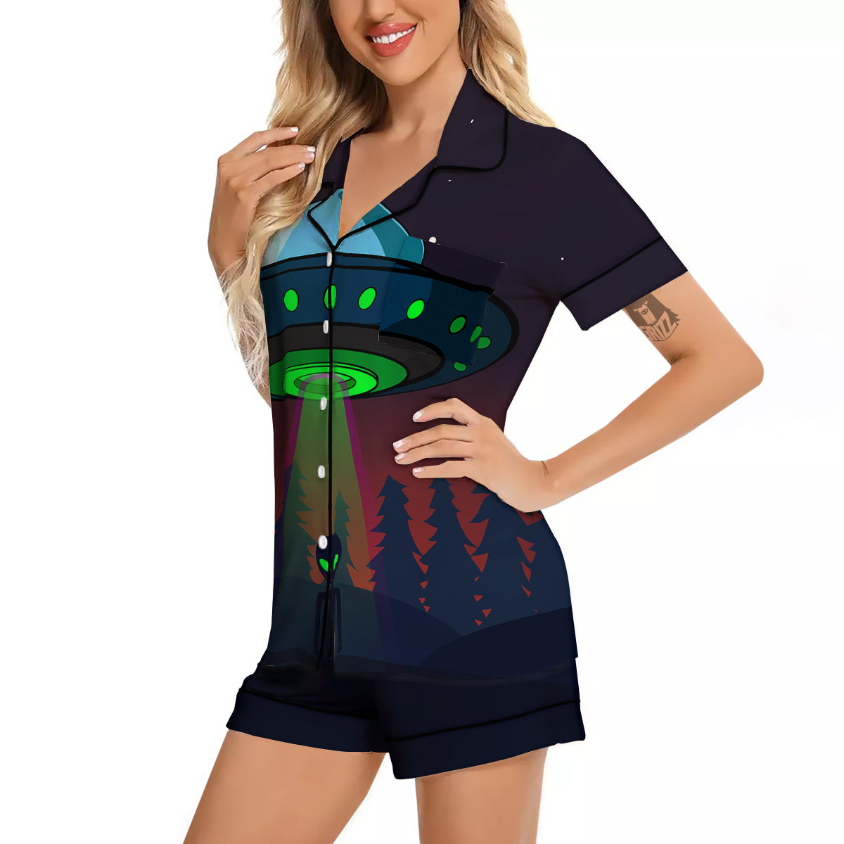 Alien Invasion On Earth Print Women Silk Pajamas-grizzshop