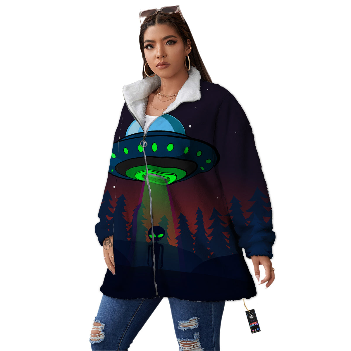 Alien Invasion On Earth Print Women's Sherpa Jacket-grizzshop