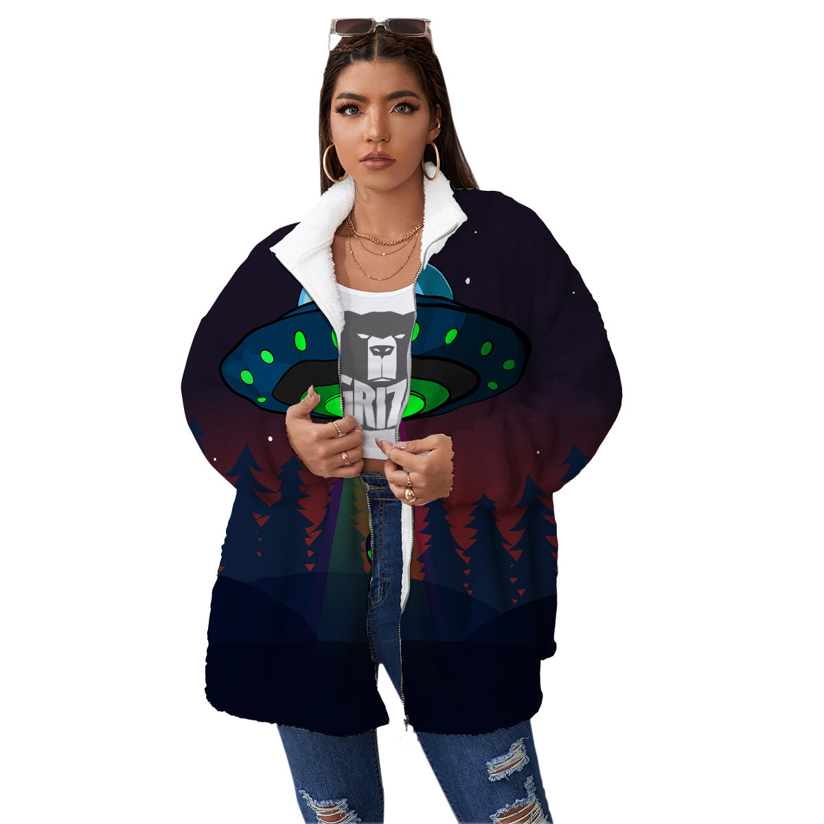 Alien Invasion On Earth Print Women's Sherpa Jacket-grizzshop