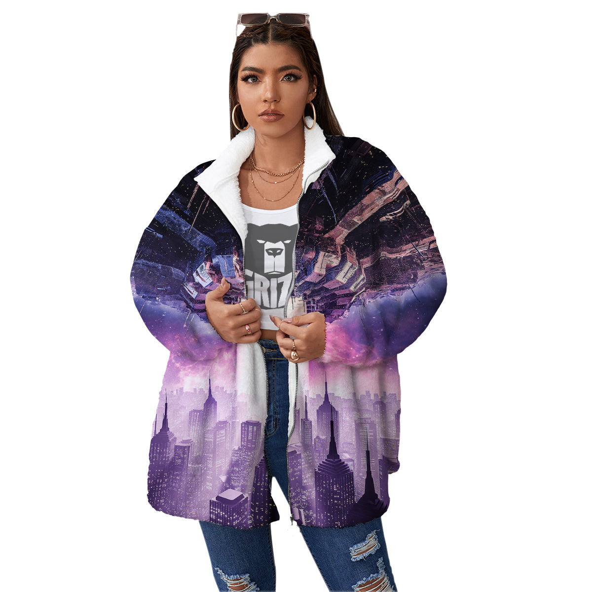 Alien Invasion Print Women's Sherpa Jacket-grizzshop