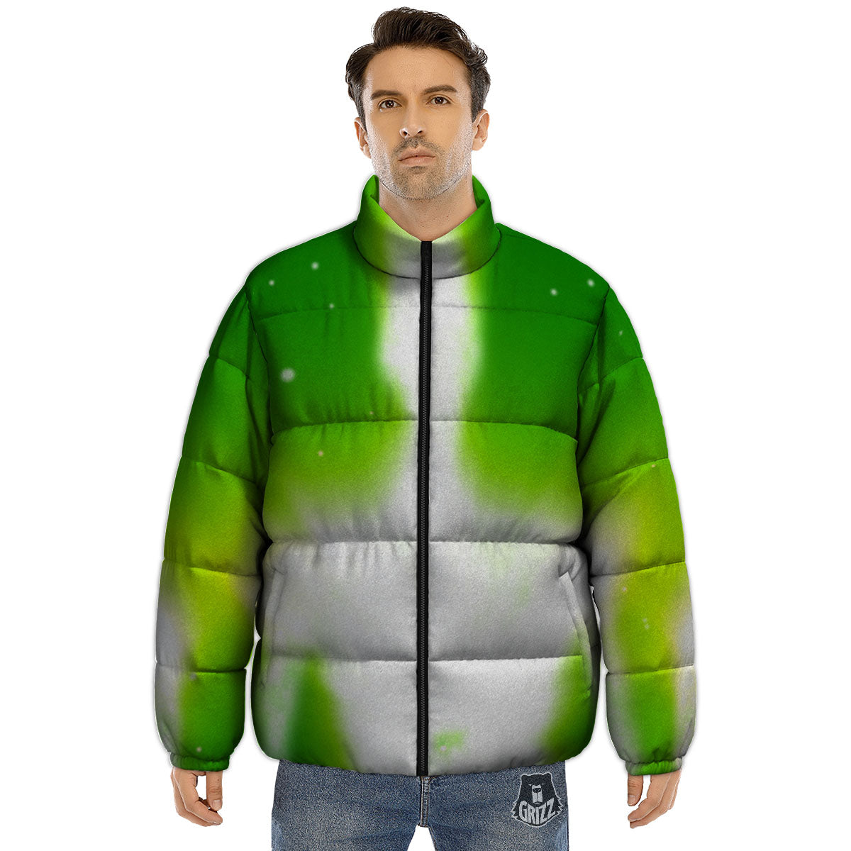 Alien Light Green Print Puffer Jacket-grizzshop