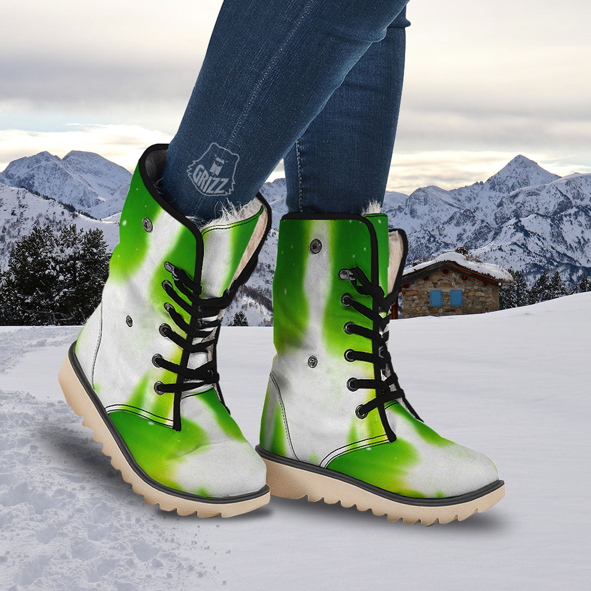 Alien Light Green Print Snow Boots-grizzshop