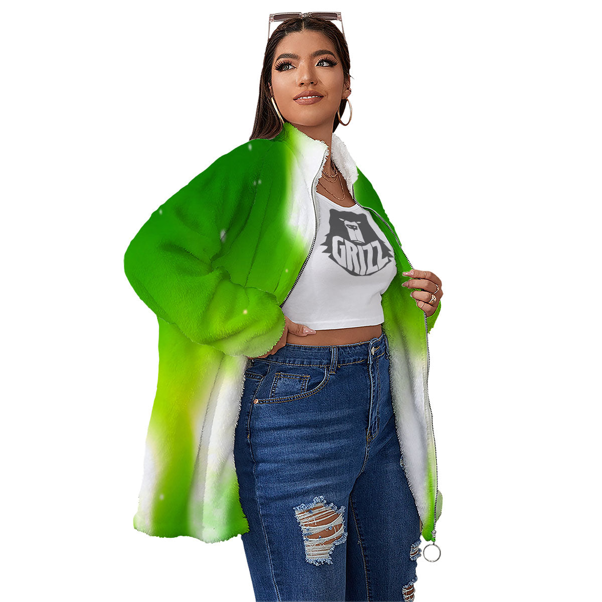 Alien Light Green Print Women's Sherpa Jacket-grizzshop