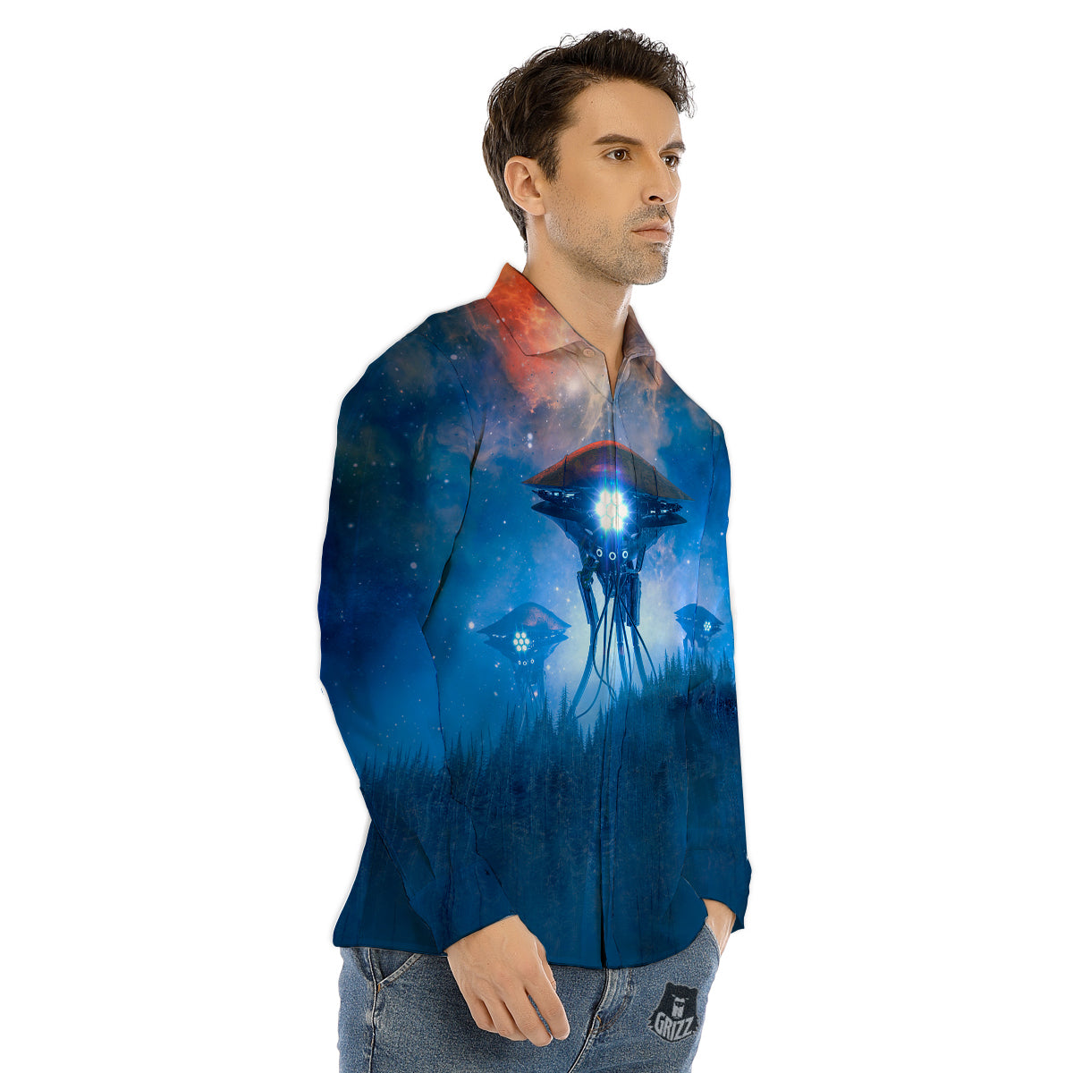 Alien Machines Print Men's Dress Shirts-grizzshop