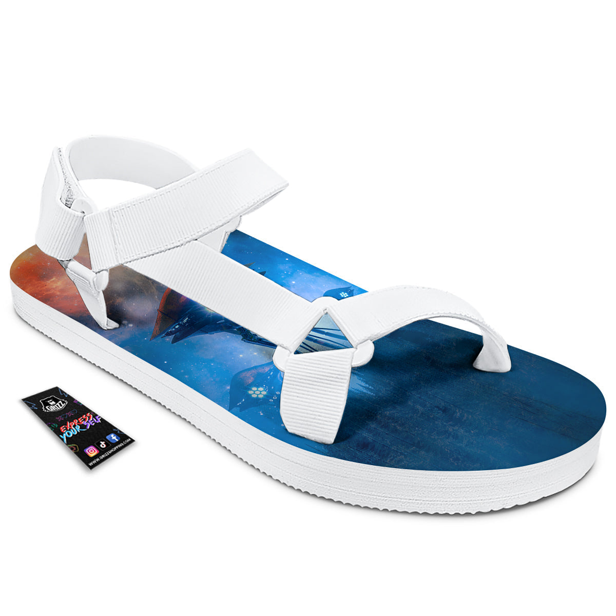 Alien Machines Print White Open Toe Sandals-grizzshop