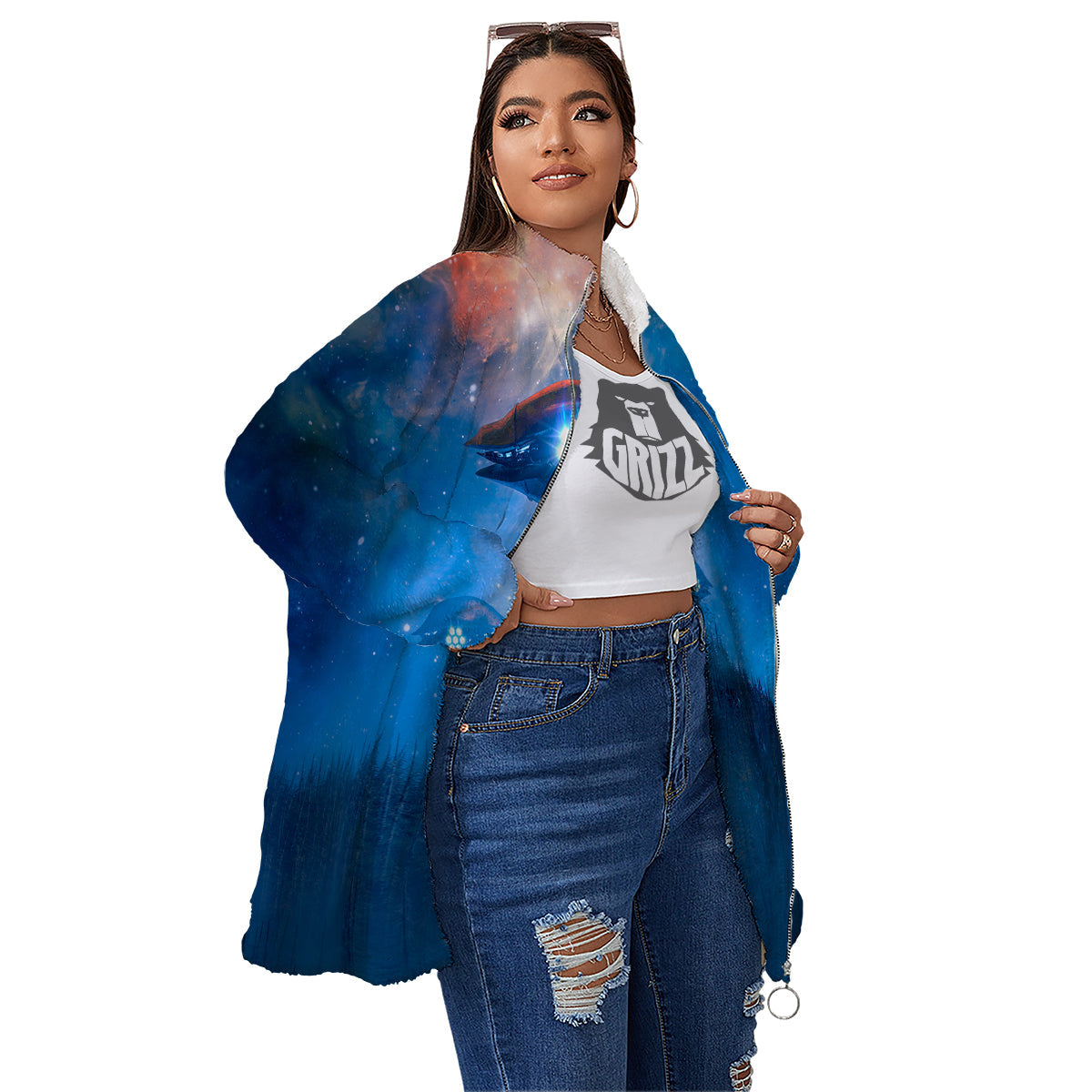 Alien Machines Print Women's Sherpa Jacket-grizzshop