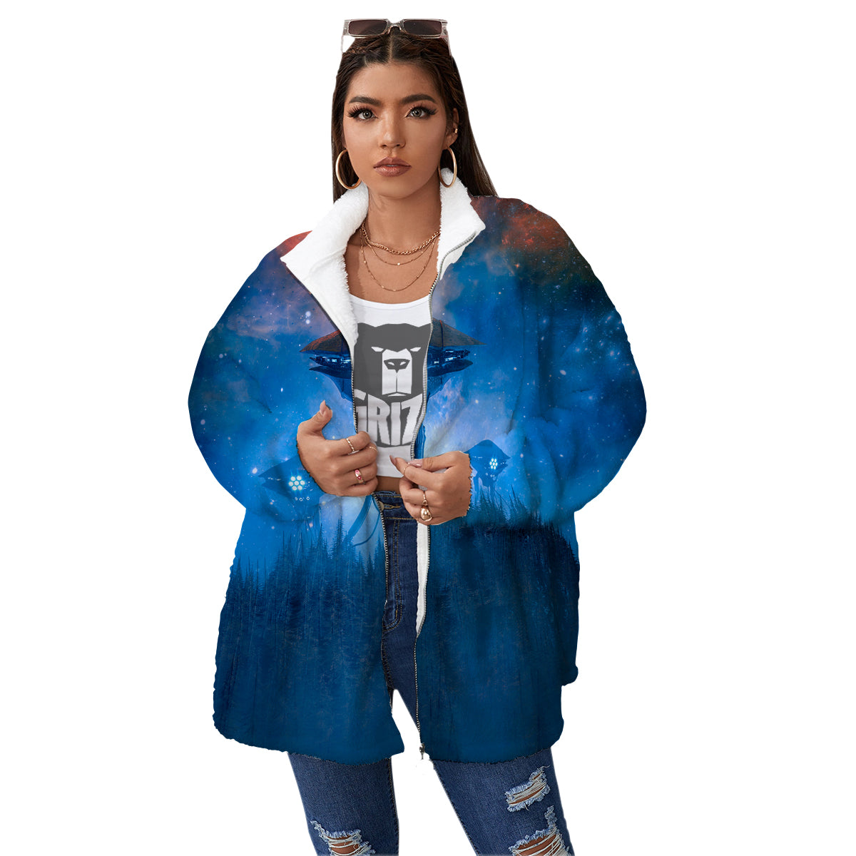 Alien Machines Print Women's Sherpa Jacket-grizzshop