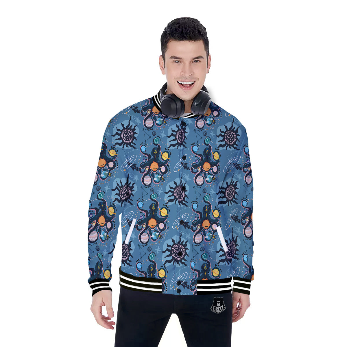 Alien On Planets Print Pattern Baseball Jacket-grizzshop
