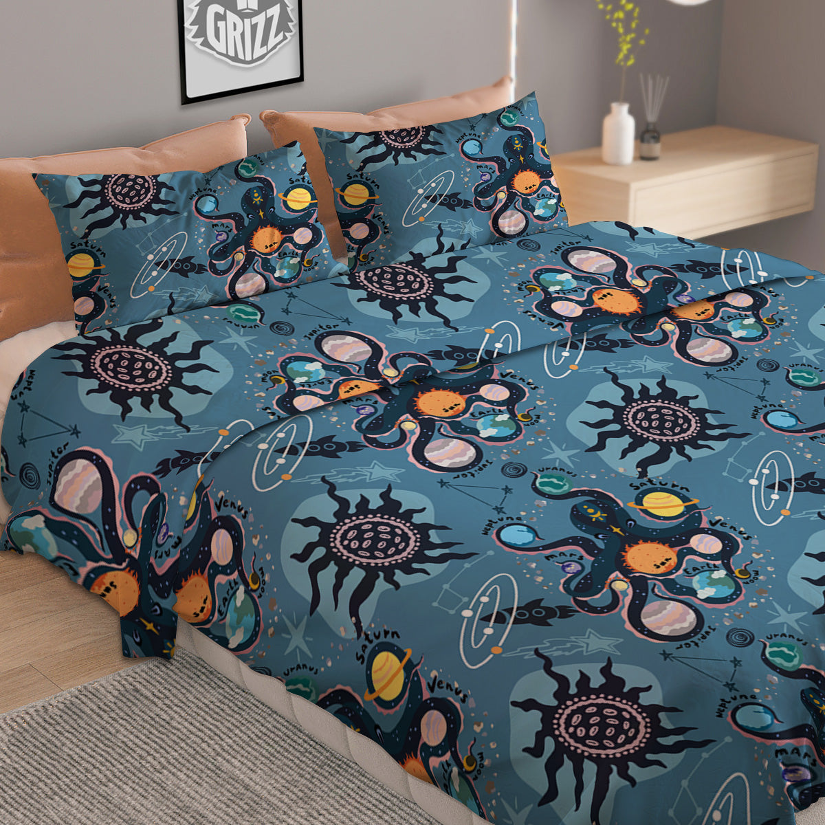 Alien On Planets Print Pattern Duvet Cover Bedding Set