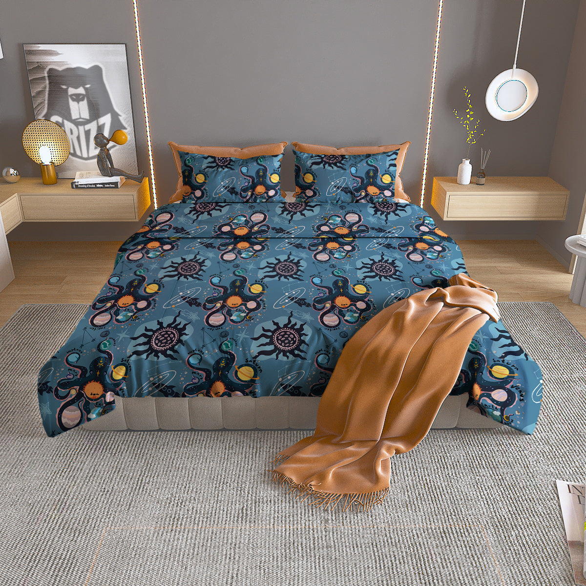 Alien On Planets Print Pattern Duvet Cover Bedding Set
