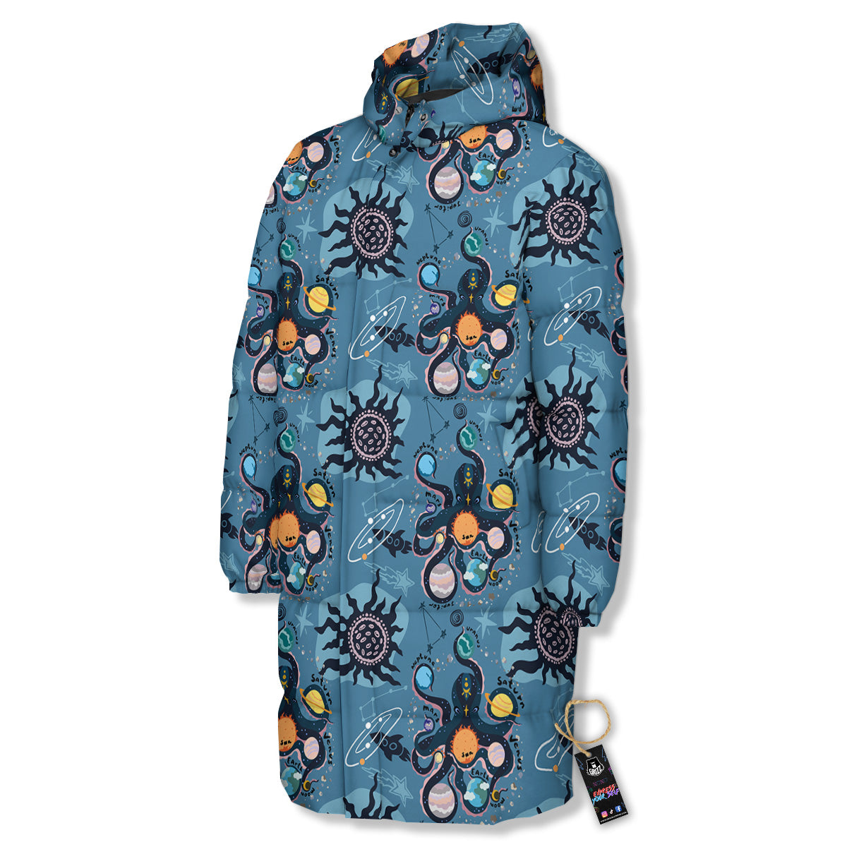 Alien On Planets Print Pattern Long Down Jacket-grizzshop