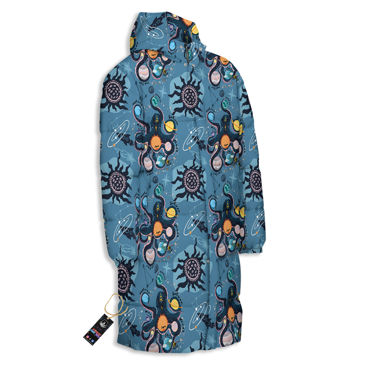 Alien On Planets Print Pattern Long Down Jacket-grizzshop